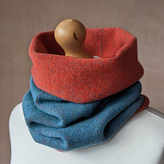 Reversible merino wool snood orange and blue