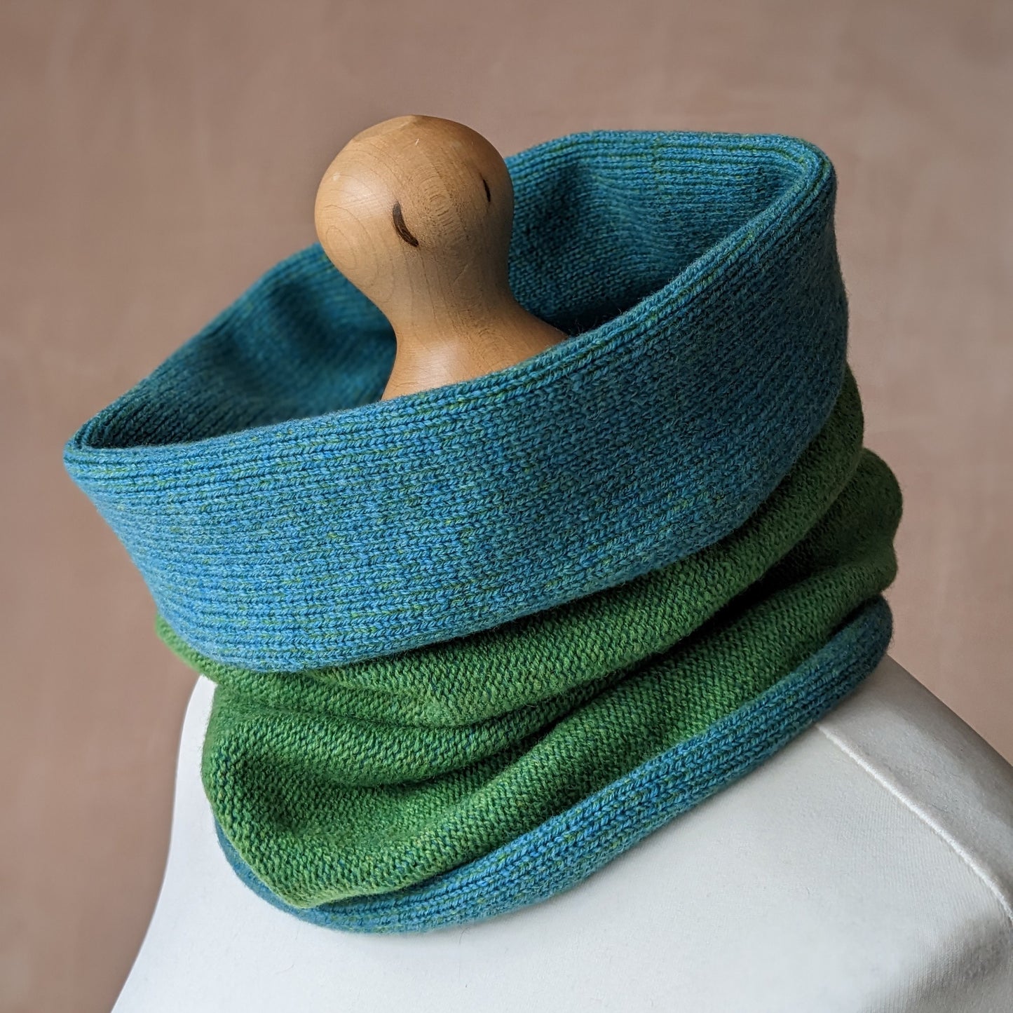 Reversible merino wool snood blue and green