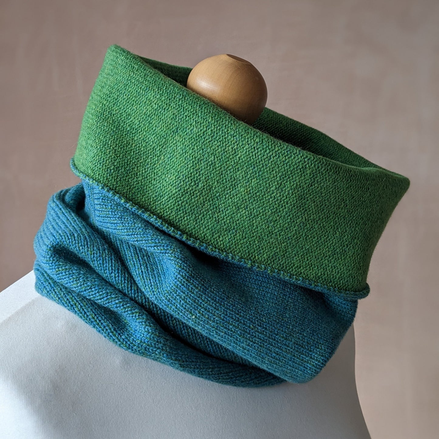 Reversible merino wool snood blue and green