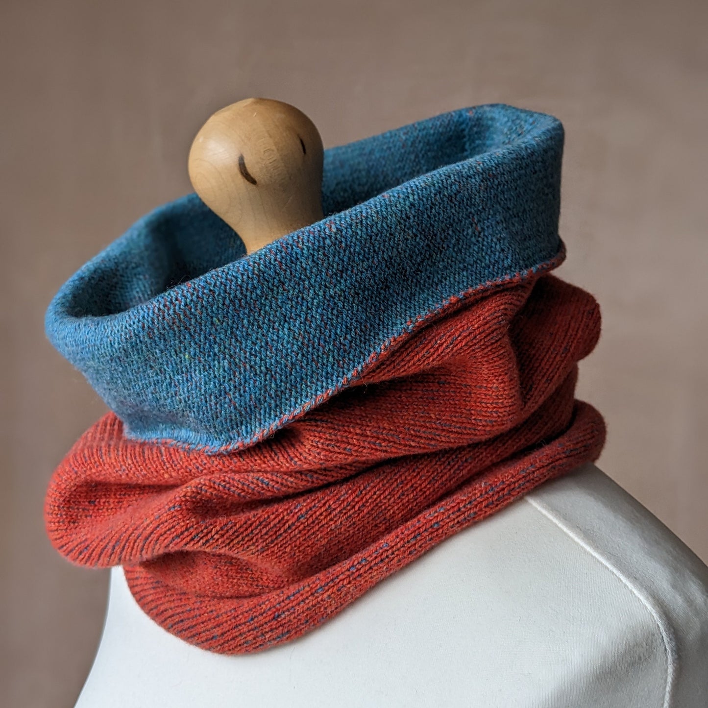 Reversible merino wool snood orange and blue