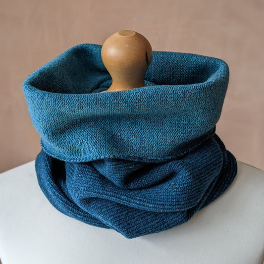 Reversible merino wool snood two tone blue