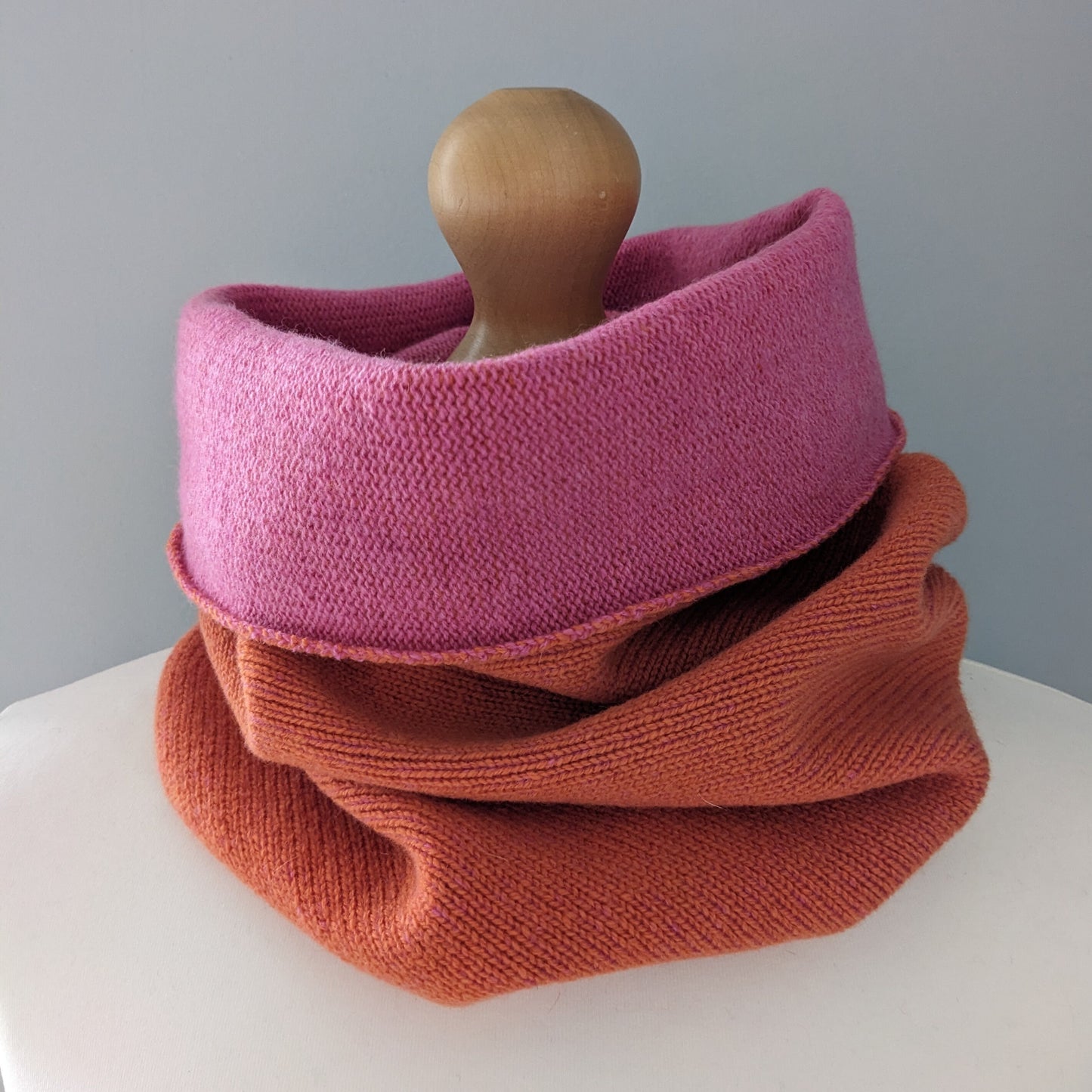 Reversible merino wool snood orange and bubblegum pink