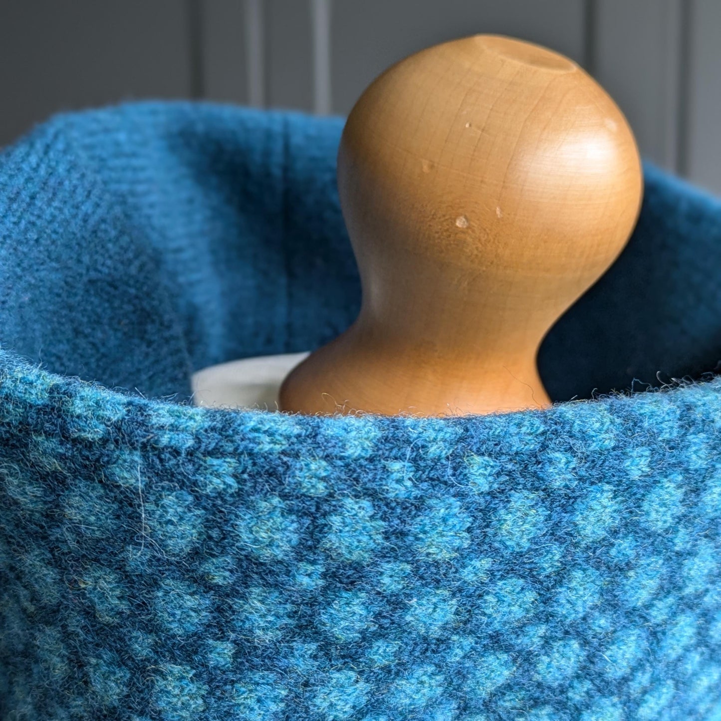 Lambswool knitted Fair Isle cowl in dots and spots design - two tone blue