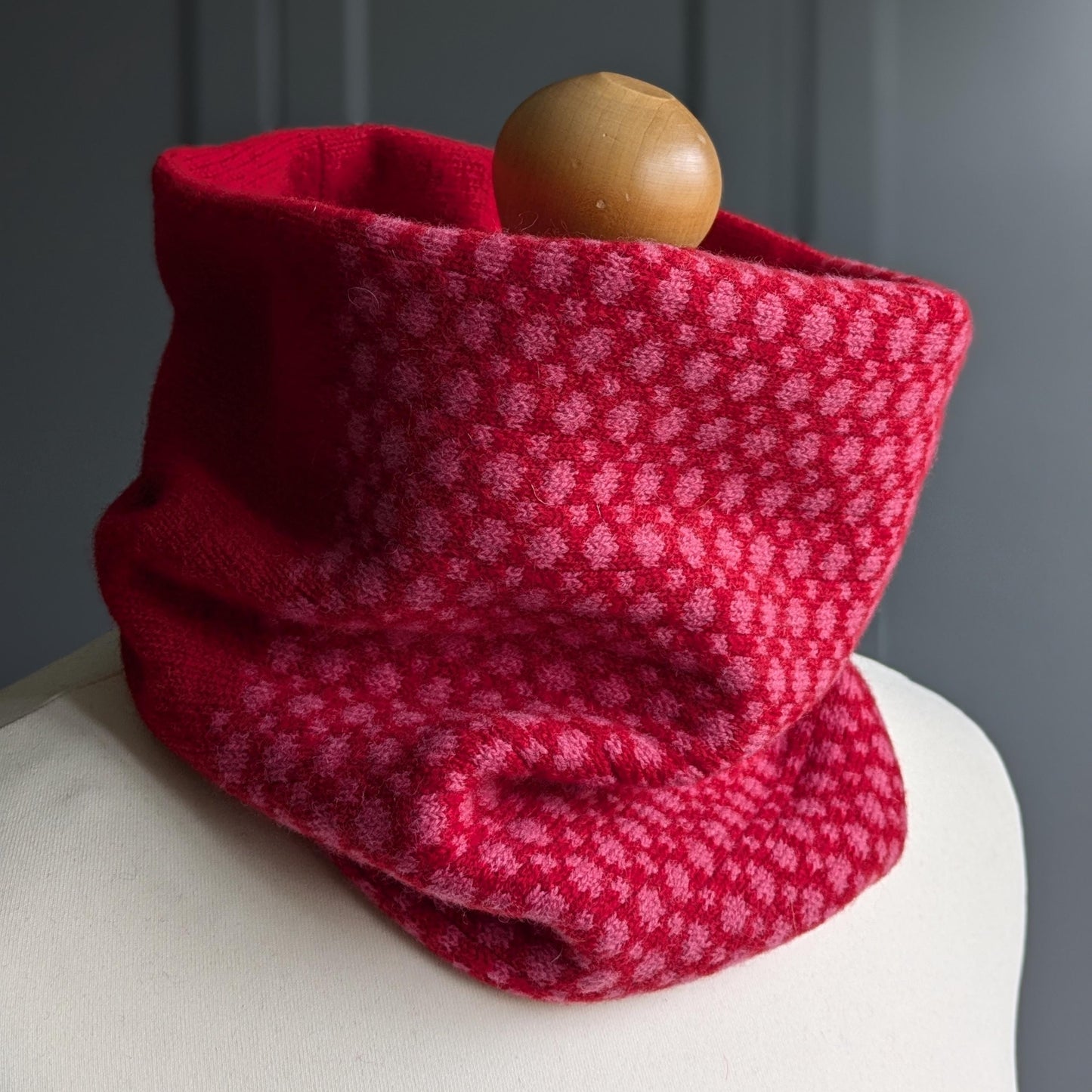 Lambswool knitted Fair Isle cowl in dots and spots design - red with pink spots