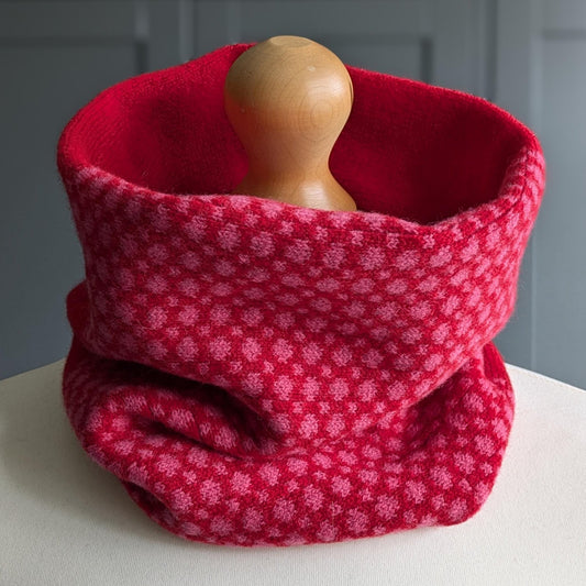 Lambswool knitted Fair Isle cowl in dots and spots design - red with pink spots