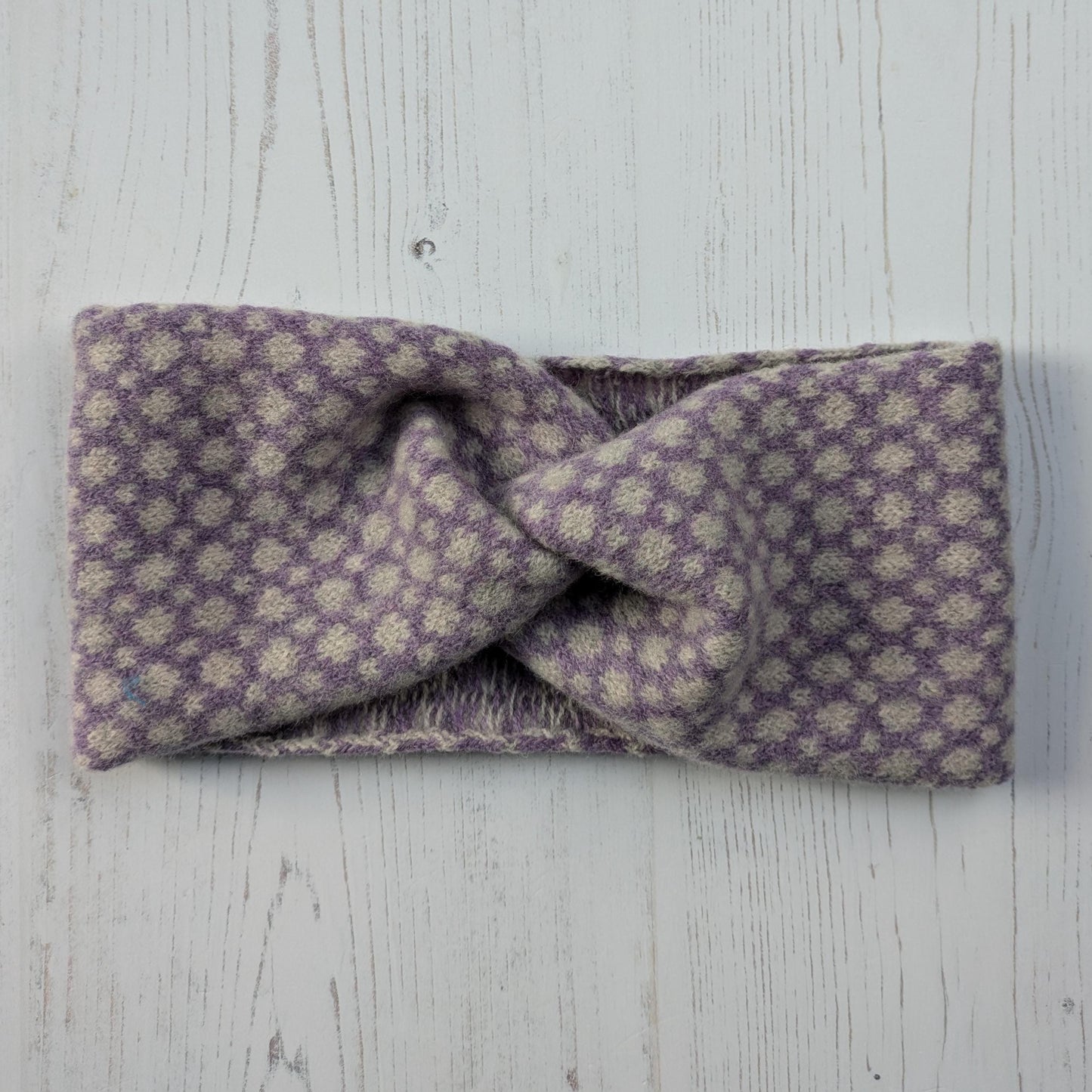 Merino wool ear warmer knitted headband dots and spots design - lilac with grey spots