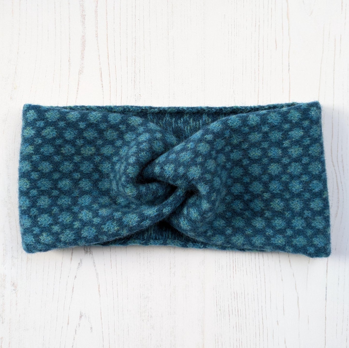 Merino wool ear warmer knitted headband dots and spots design - two tone blue