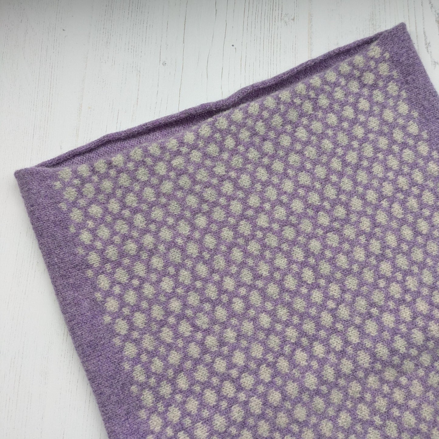 Lambswool knitted Fair Isle cowl in dots and spots design - lilac with grey spots