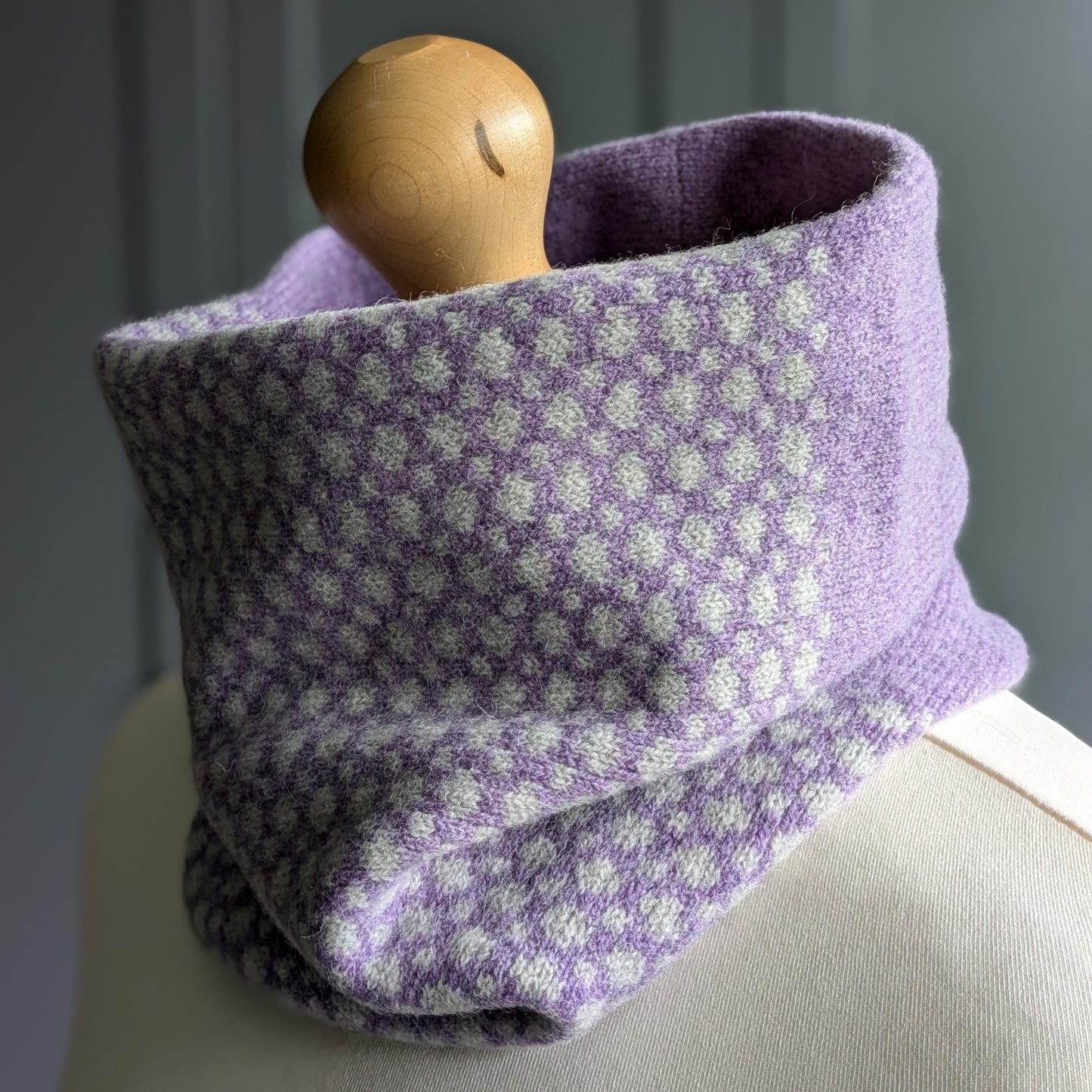 Lambswool knitted Fair Isle cowl in dots and spots design - lilac with grey spots