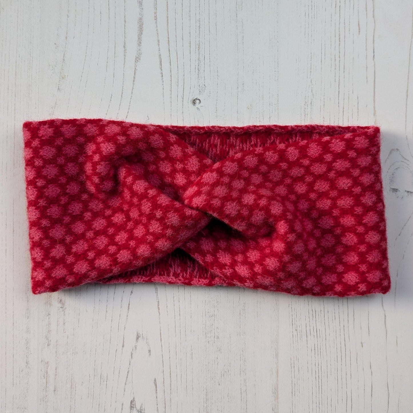 Merino wool ear warmer knitted headband dots and spots design - bright red with pink spots