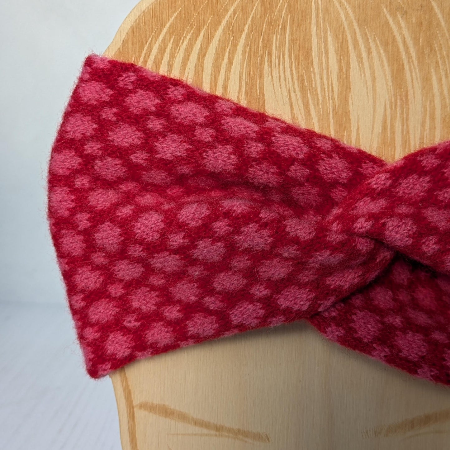 Merino wool ear warmer knitted headband dots and spots design - bright red with pink spots