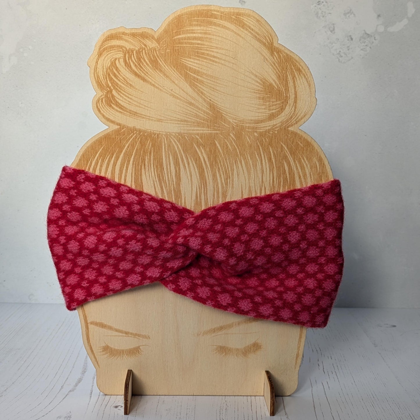 Merino wool ear warmer knitted headband dots and spots design - bright red with pink spots