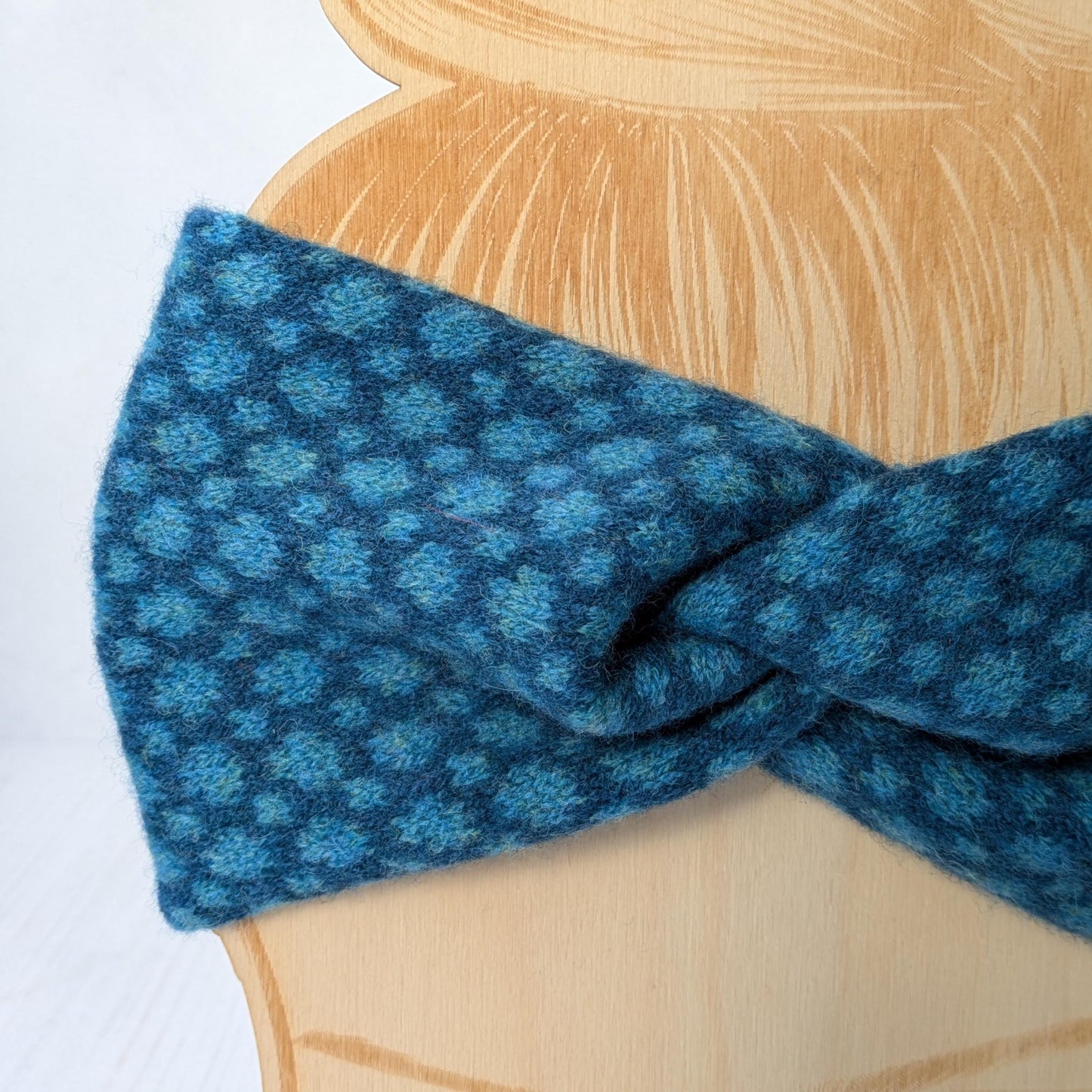 Merino wool ear warmer knitted headband dots and spots design - two tone blue