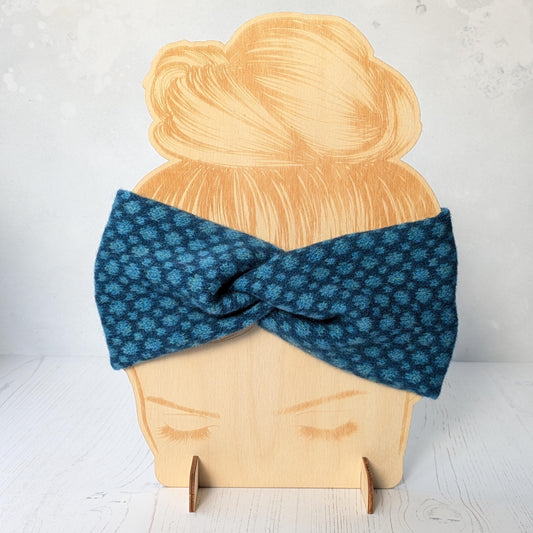 Merino wool ear warmer knitted headband dots and spots design - two tone blue