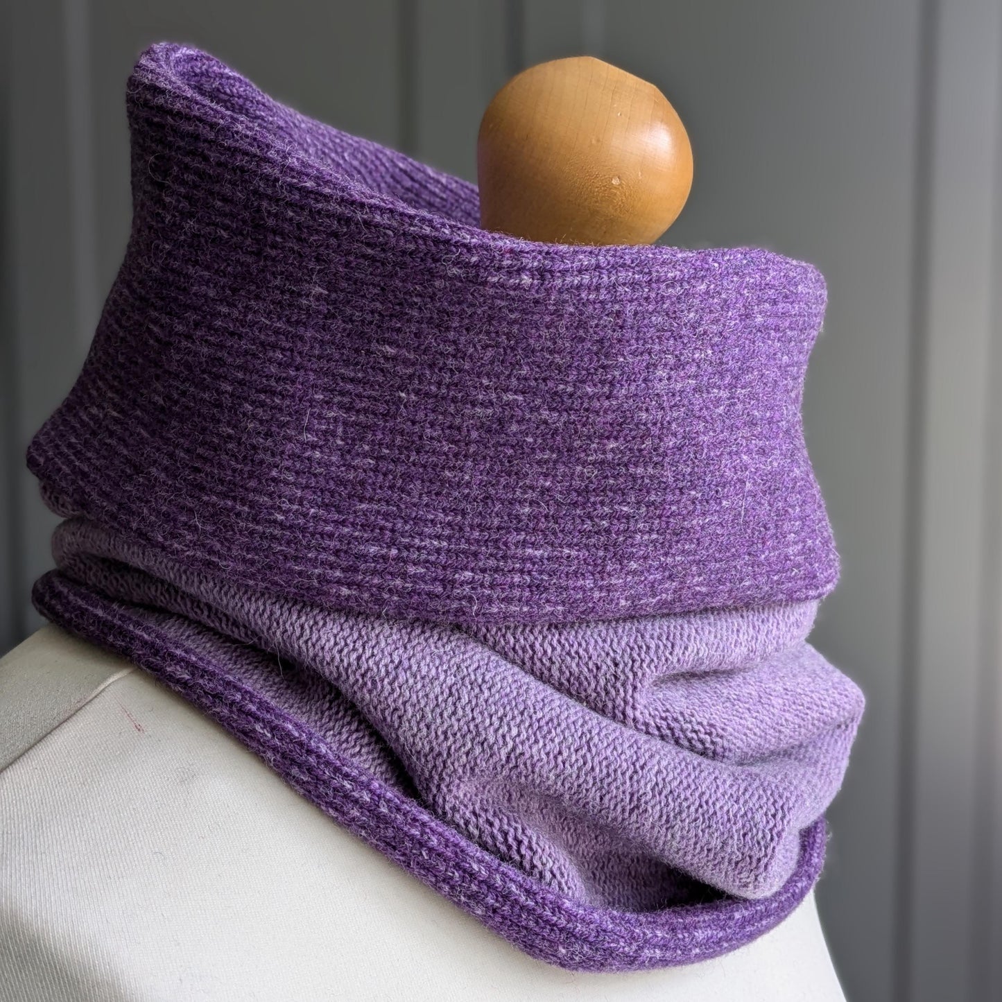 Reversible merino wool snood deep purple and lilac