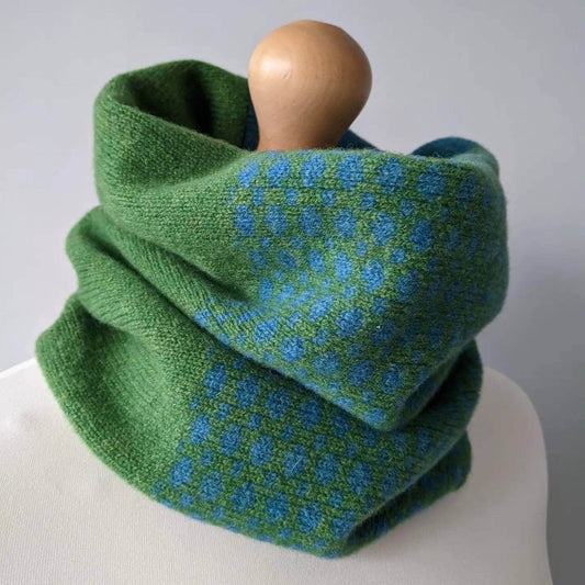 Lambswool knitted Fair Isle cowl in dots and spots design - grass and  petrol blue.