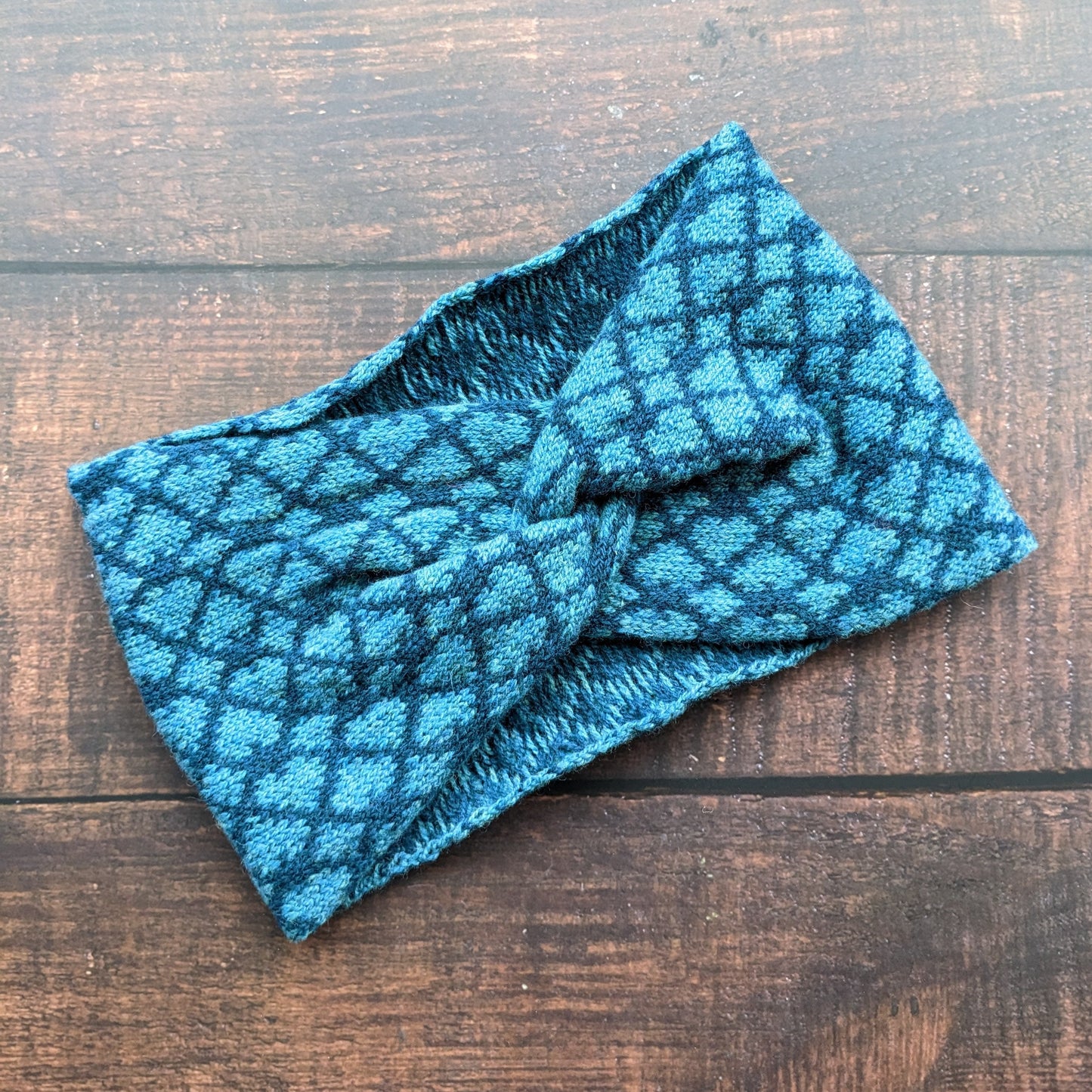 Merino wool ear warmer knitted headband two tone blue heart design