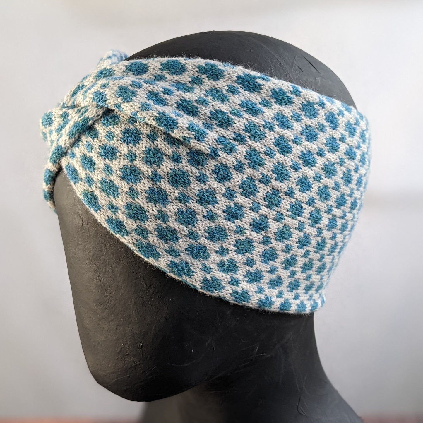 Merino wool ear warmer knitted headband dots and spots design in blue and pale grey