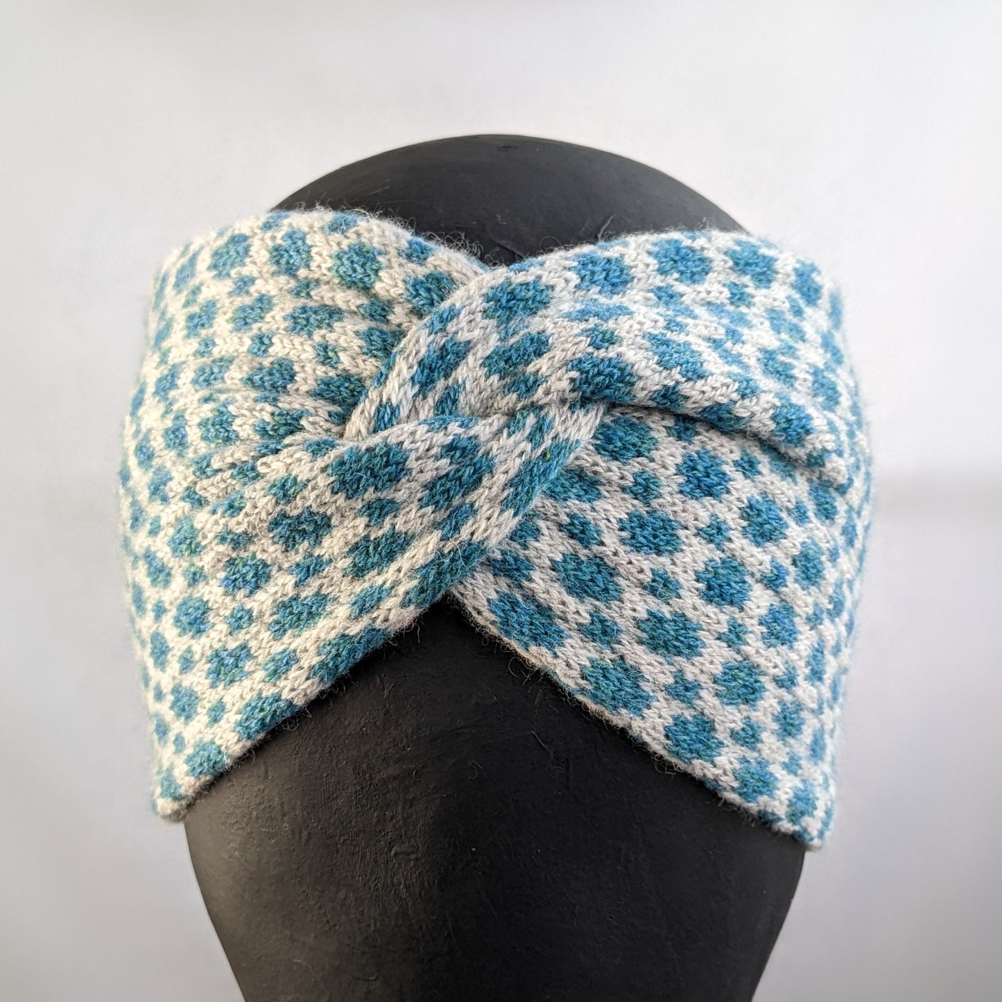 Merino wool ear warmer knitted headband dots and spots design in blue and pale grey