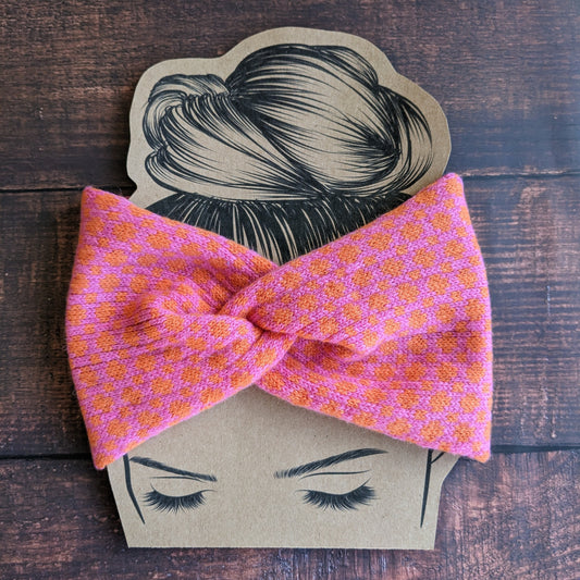 Merino wool ear warmer knitted headband dots and spots design in bubblegum pink and orange