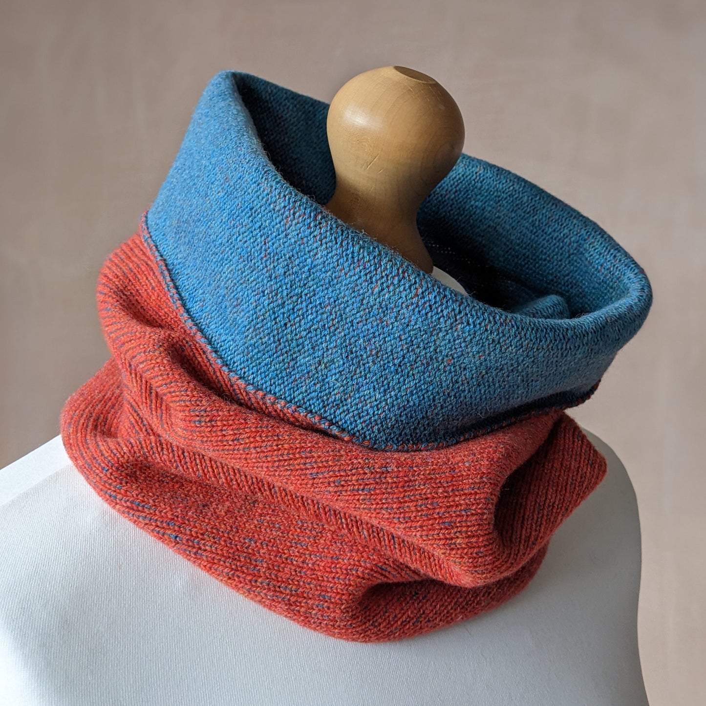 Reversible merino wool snood orange and blue