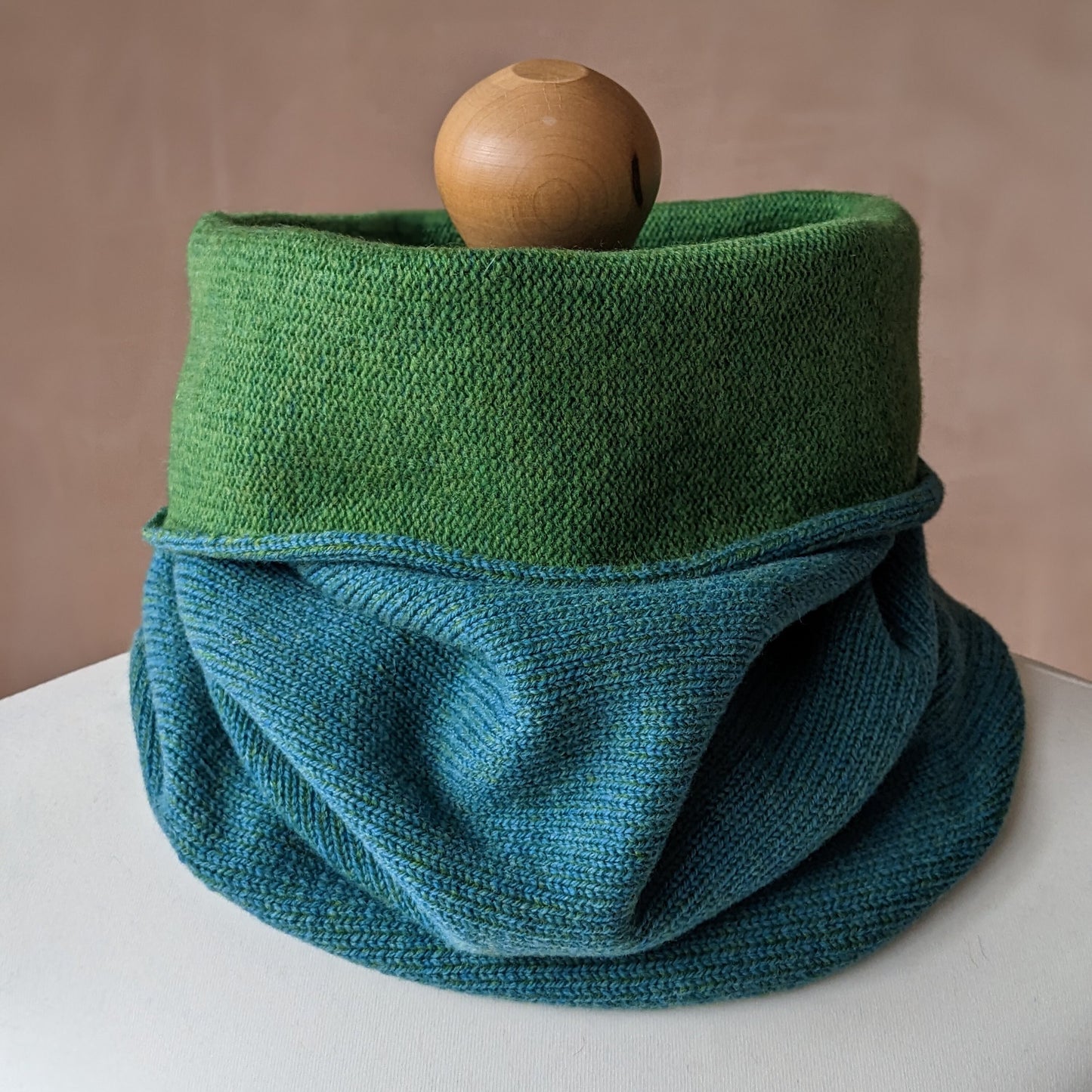 Reversible merino wool snood blue and green