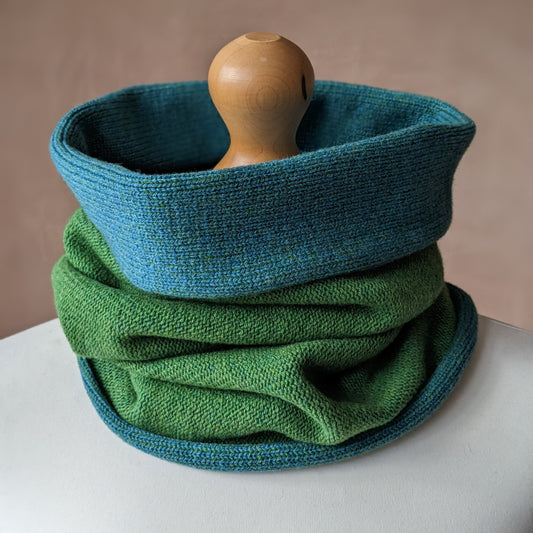 Reversible merino wool snood blue and green
