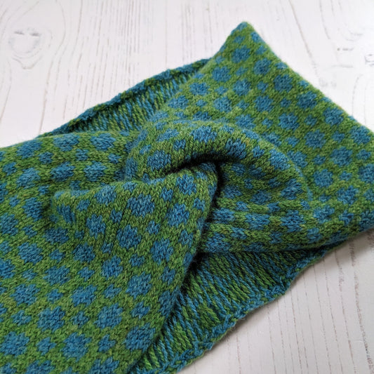 Merino wool ear warmer knitted headband dots and spots design in blue and grass green