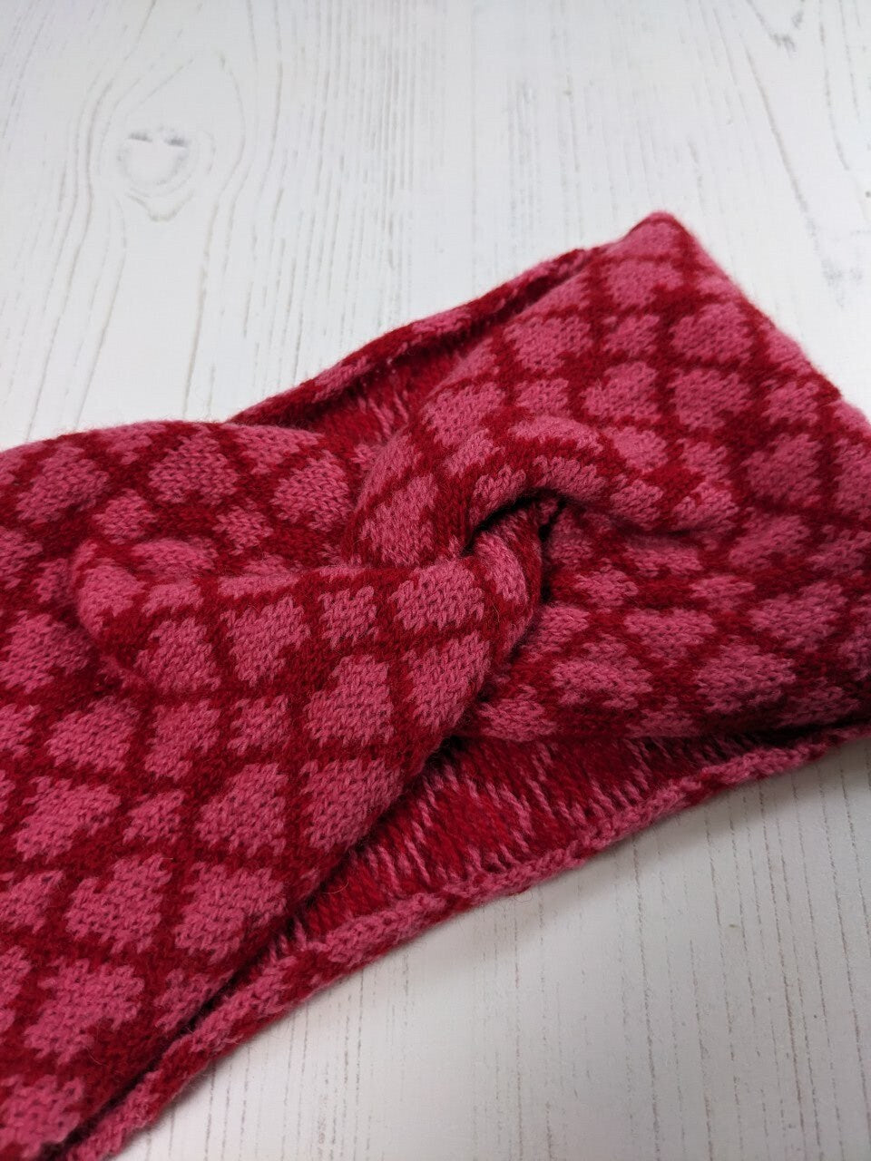 Merino wool ear warmer knitted headband red and pink heart design