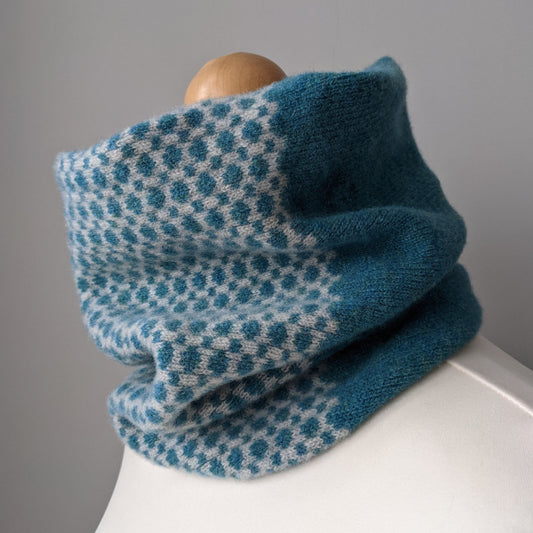 Lambswool knitted Fair Isle cowl in dots and spots design - pale grey and  petrol blue.