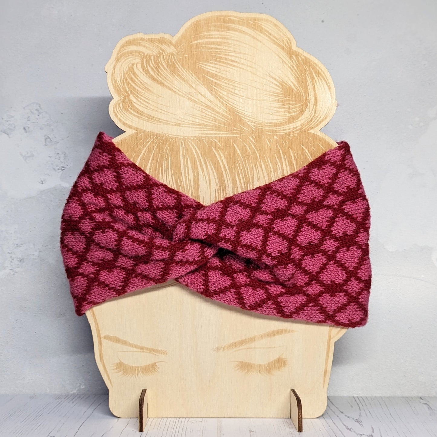 Merino wool ear warmer knitted headband red and pink heart design