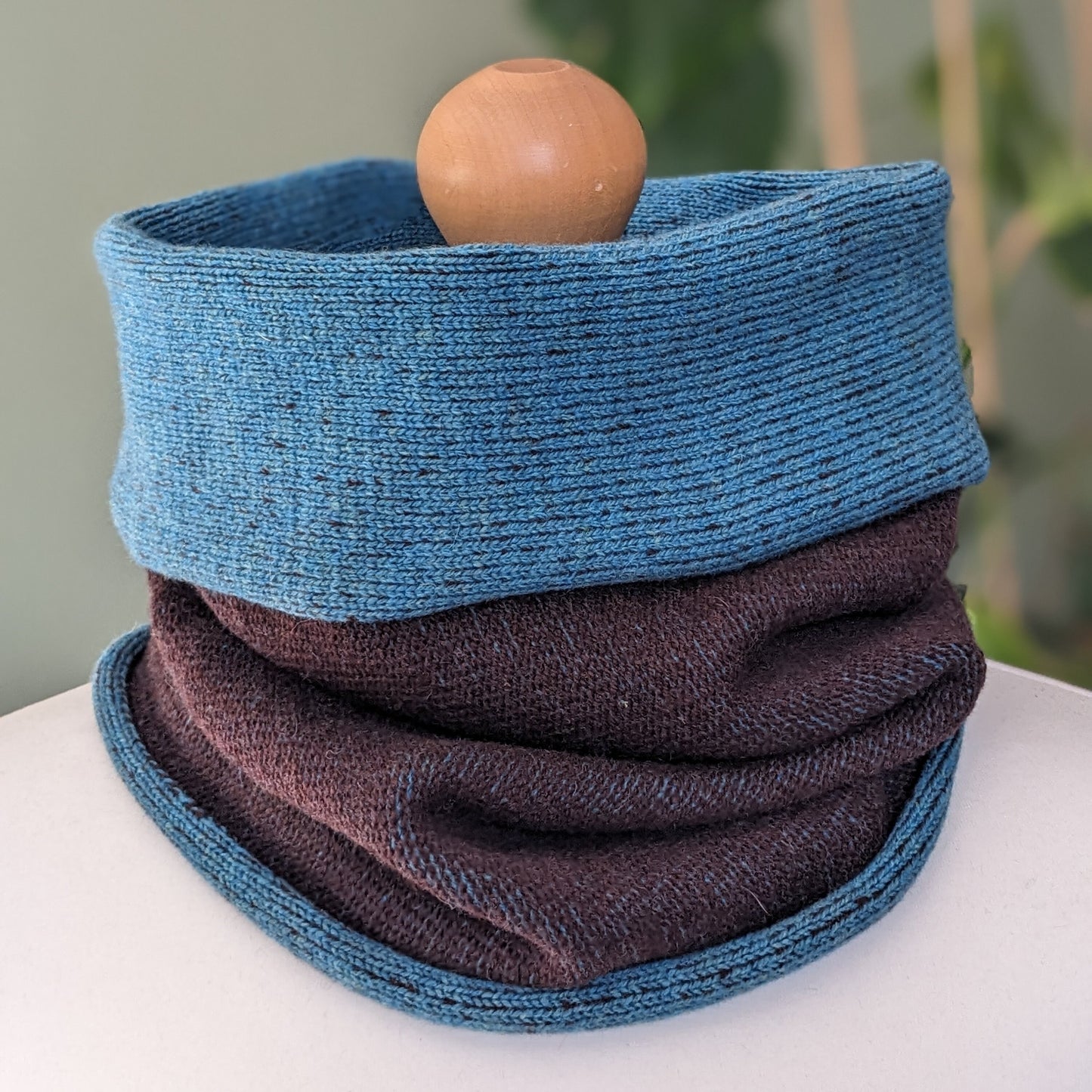 Reversible merino wool snood blue and brown
