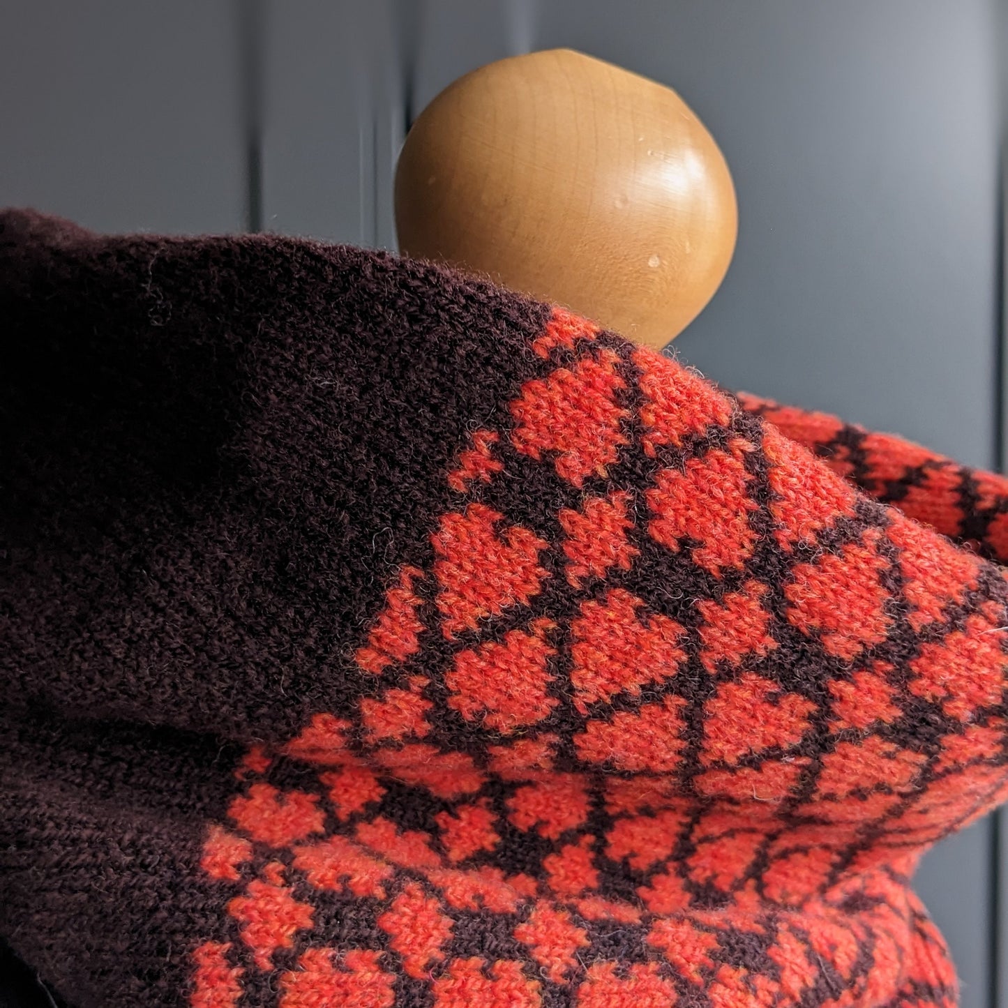 Lambswool knitted Fair Isle cowl in heart design - orange and brown