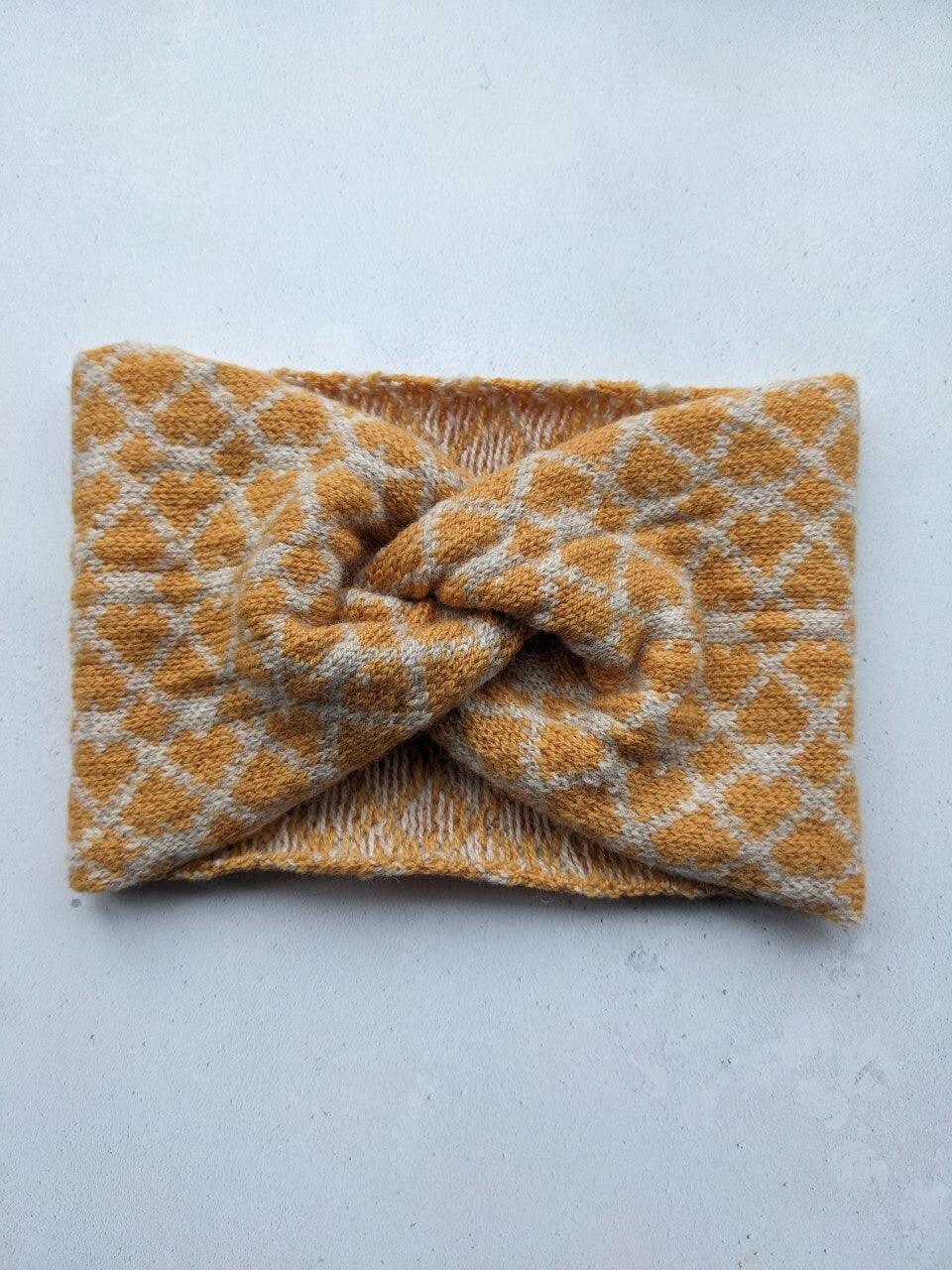Merino wool ear warmer knitted headband linen with golden yellow hearts