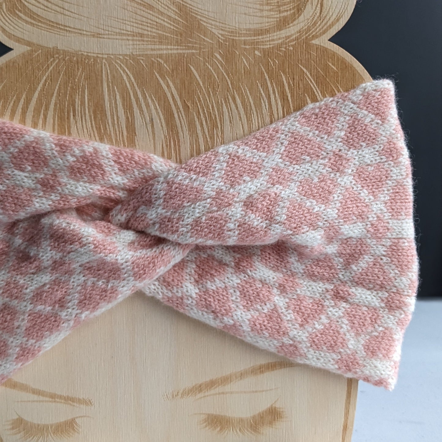 Merino wool ear warmer knitted headband ecru with pale pink hearts