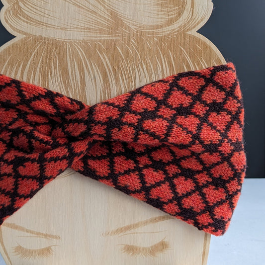 Merino wool ear warmer knitted headband chocolate brown with orange hearts
