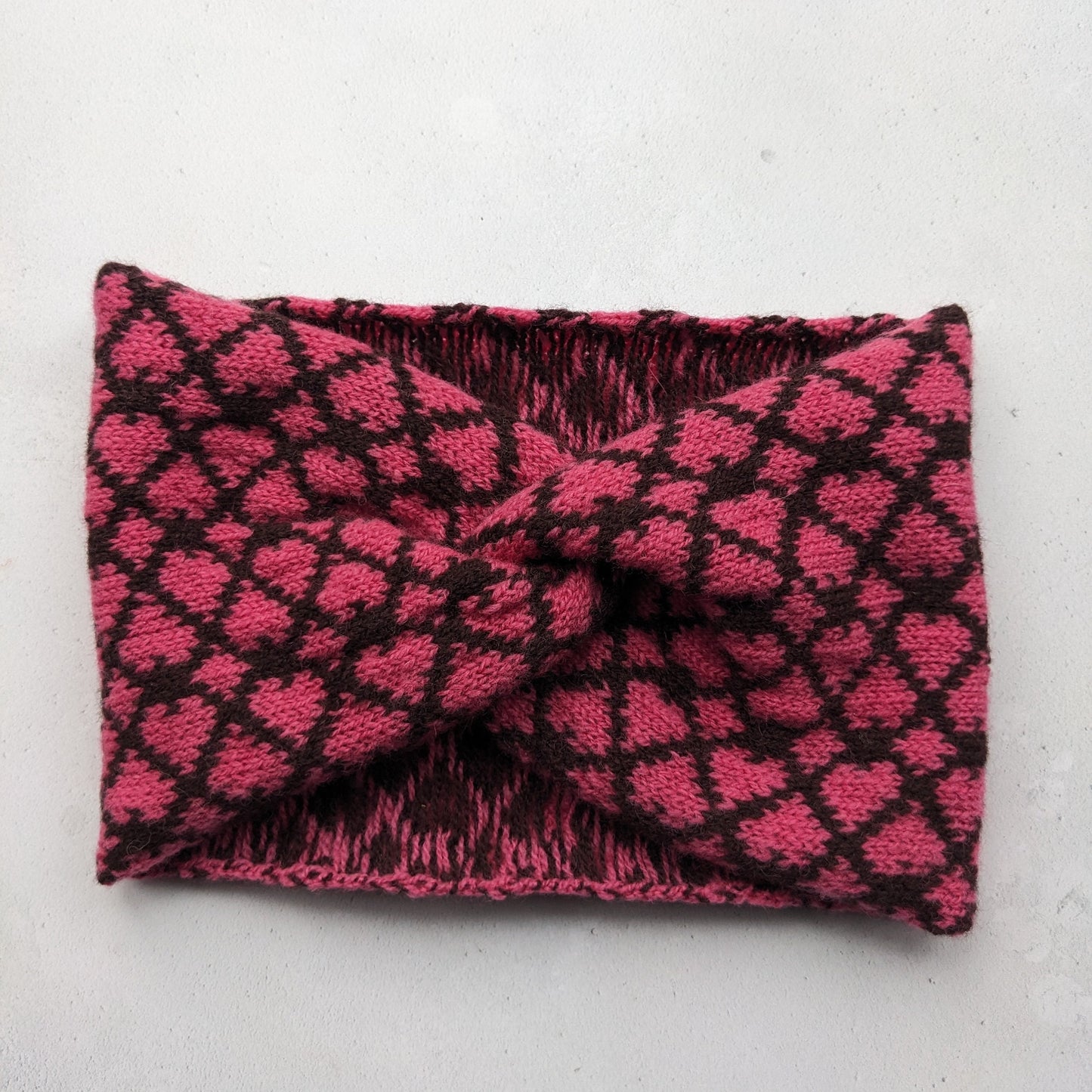 Merino wool ear warmer knitted headband chocolate brown with pink hearts