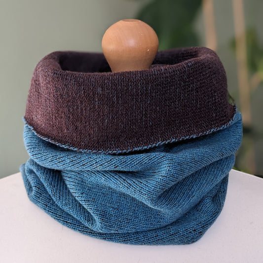 Reversible merino wool snood blue and brown