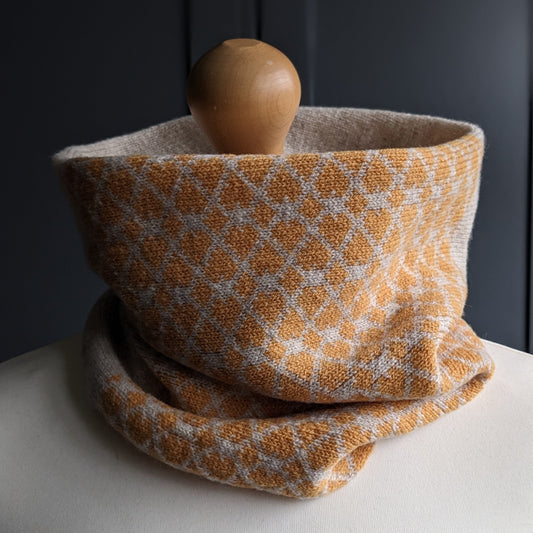 Lambswool knitted Fair Isle cowl in heart design - golden yellow and linen