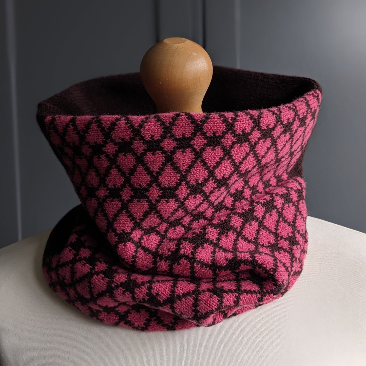 Lambswool knitted Fair Isle cowl in heart design - pink and brown