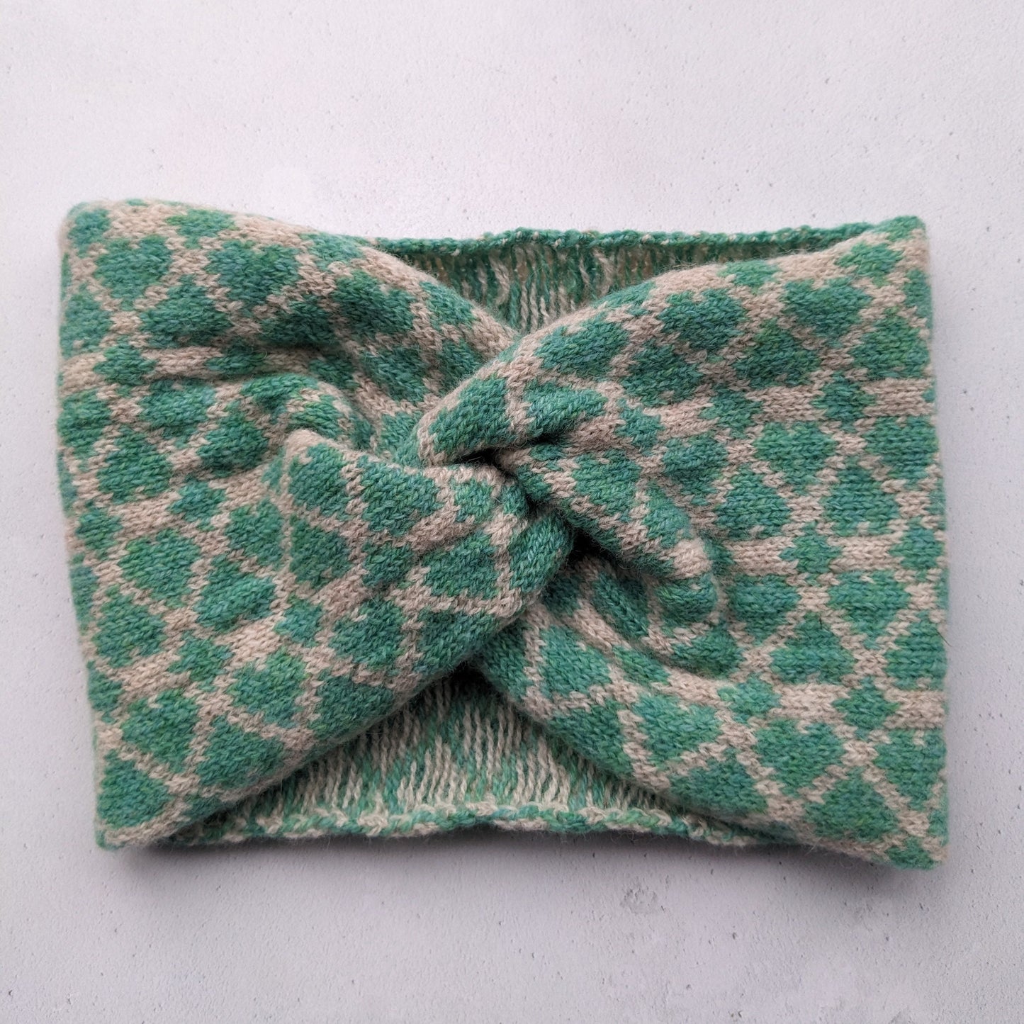 Merino wool ear warmer knitted headband linen with mint green hearts