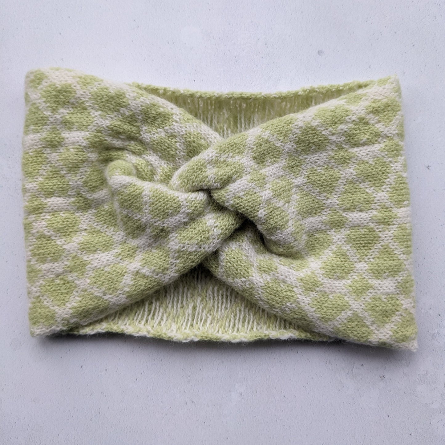Merino wool ear warmer knitted headband ecru with pale green hearts