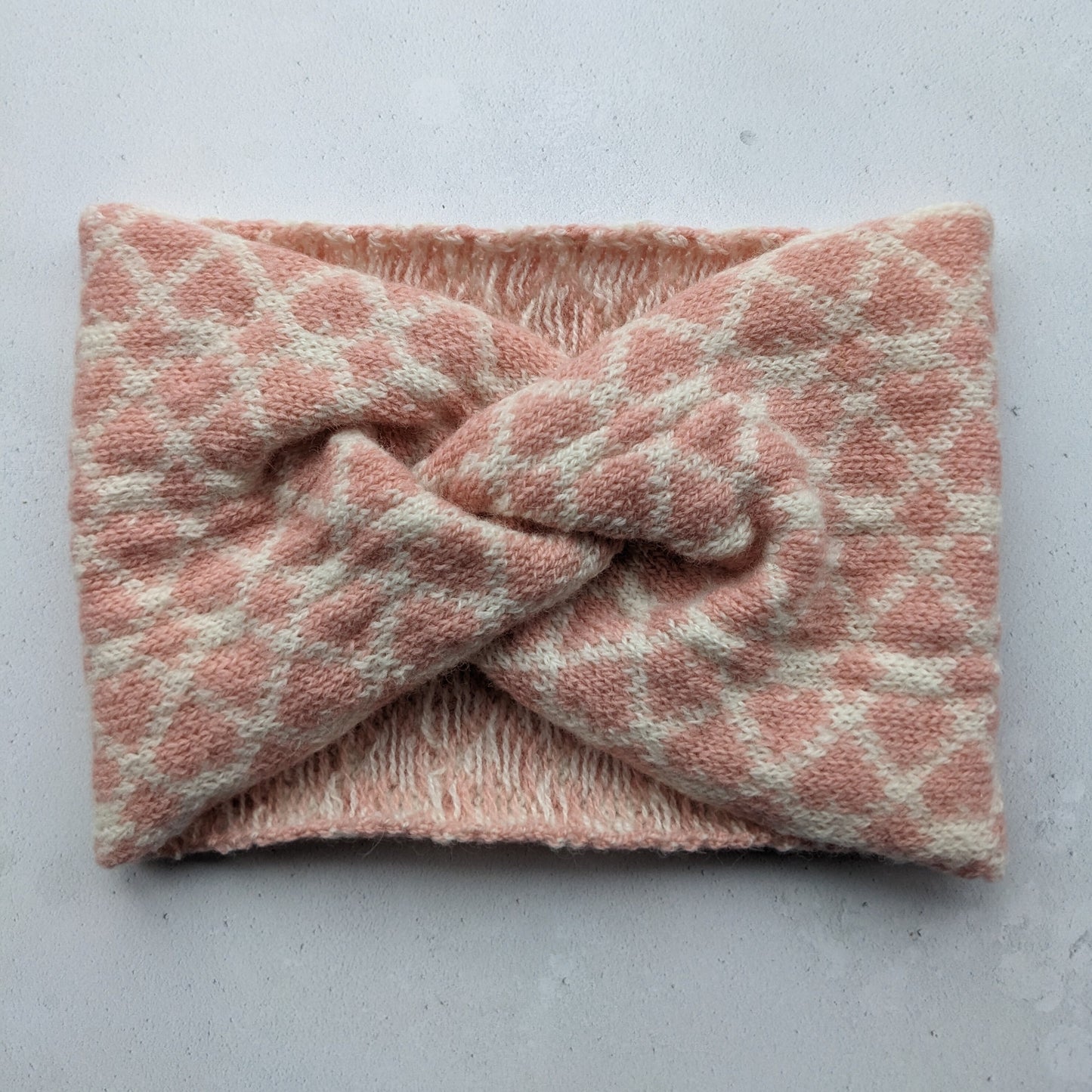 Merino wool ear warmer knitted headband ecru with pale pink hearts