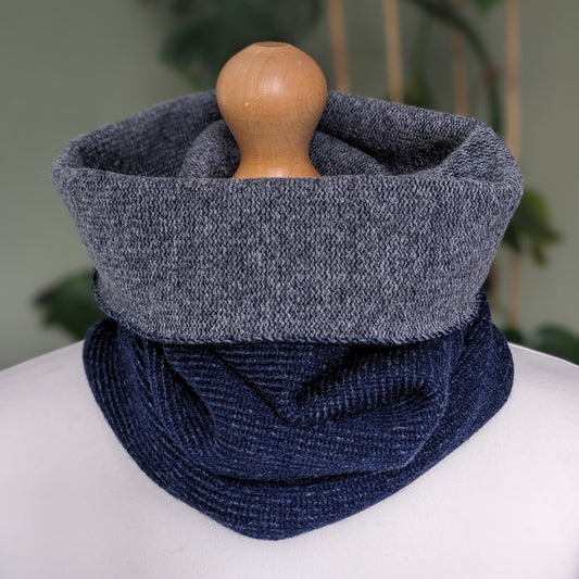 Reversible merino wool snood navy blue and grey