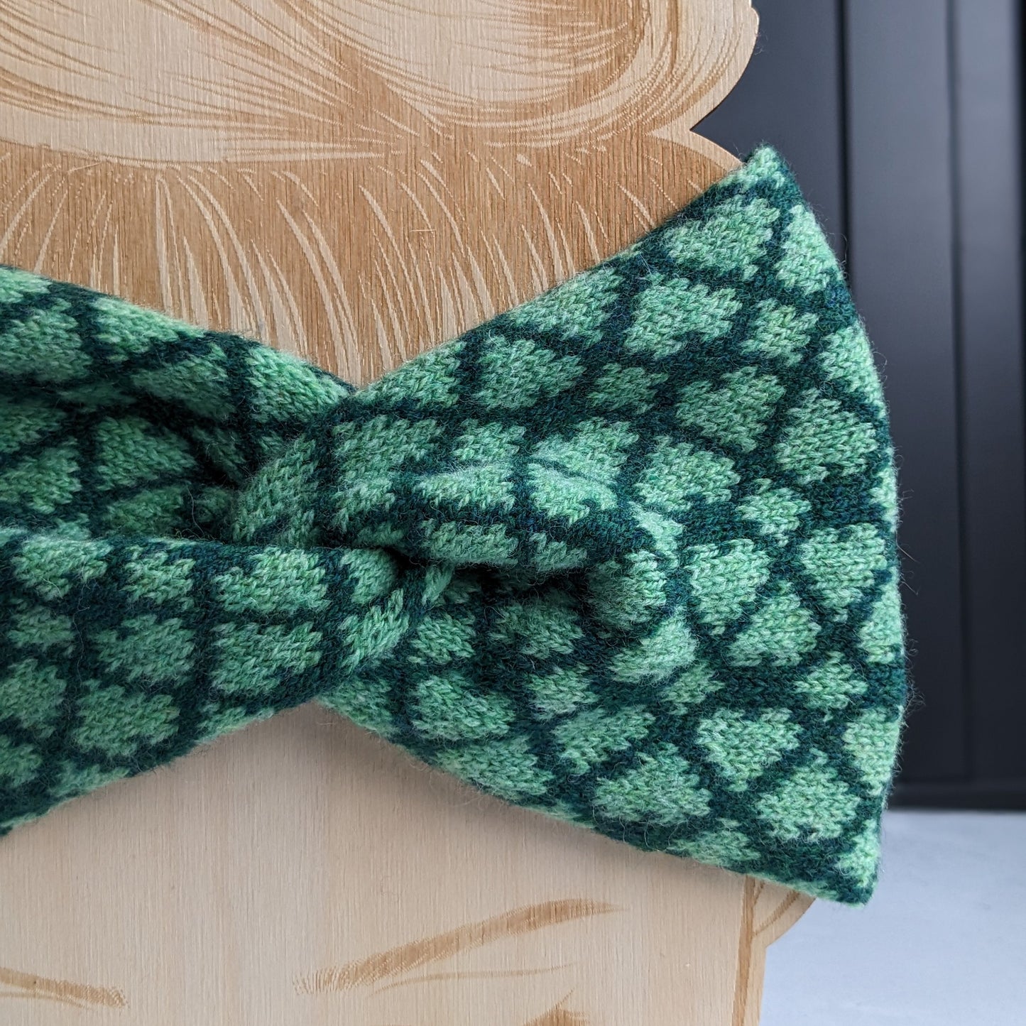 Merino wool ear warmer knitted headband two tone green heart design