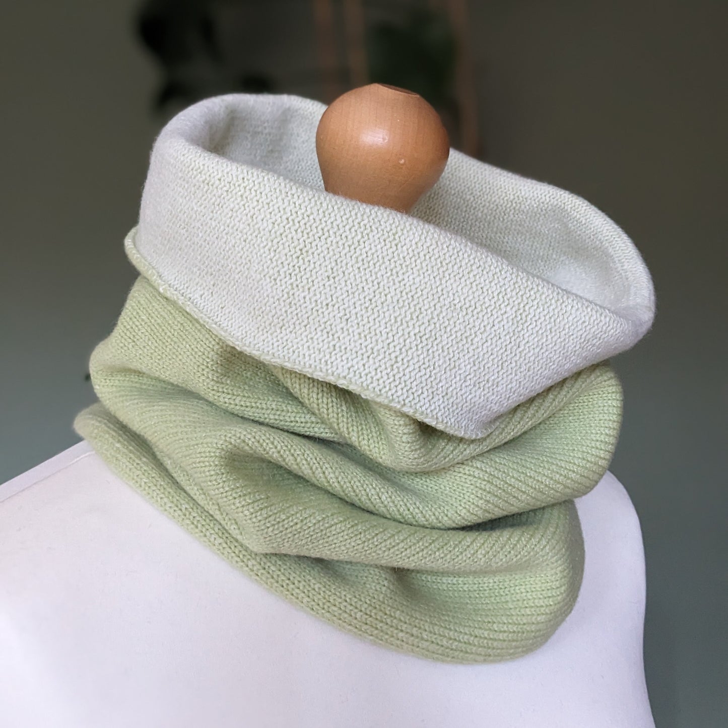 Reversible merino wool snood pale pastel green and ecru