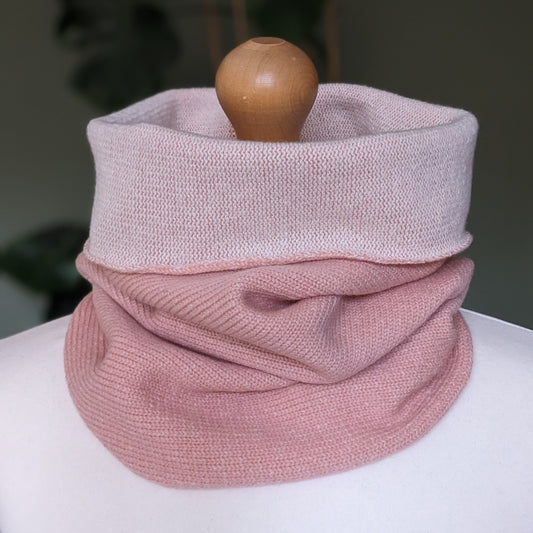 Reversible merino wool snood pale pastel pink and ecru
